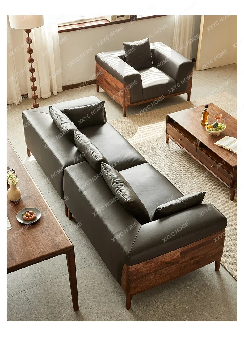 JJNorth American Black Walnut Sofa Nordic Simple Four-person Leather Sofa Living Room5556
