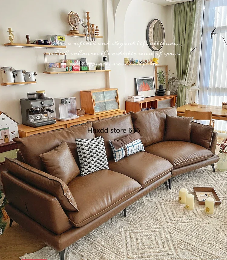 Modern simple first-layer cowhide straight-row caramel-colored sofa