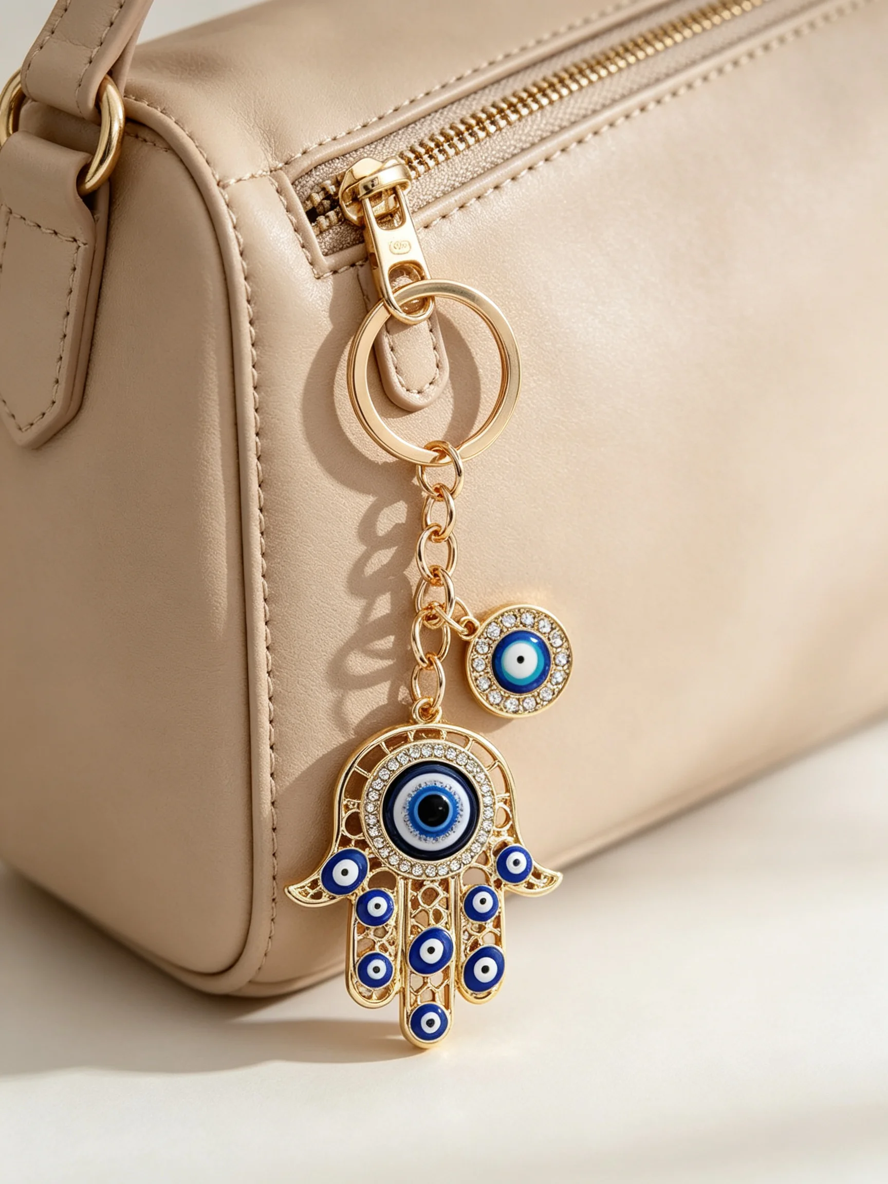 Strass-Schlüsselanhänger mit türkischem Bösem Auge und Hamsa-Hand, Glücksbringer Fatima-Hand aus Legierung, Taschen- und Autoanhänger, Amulett, Schmuckgeschenk für Damen und Herren – Detail 2