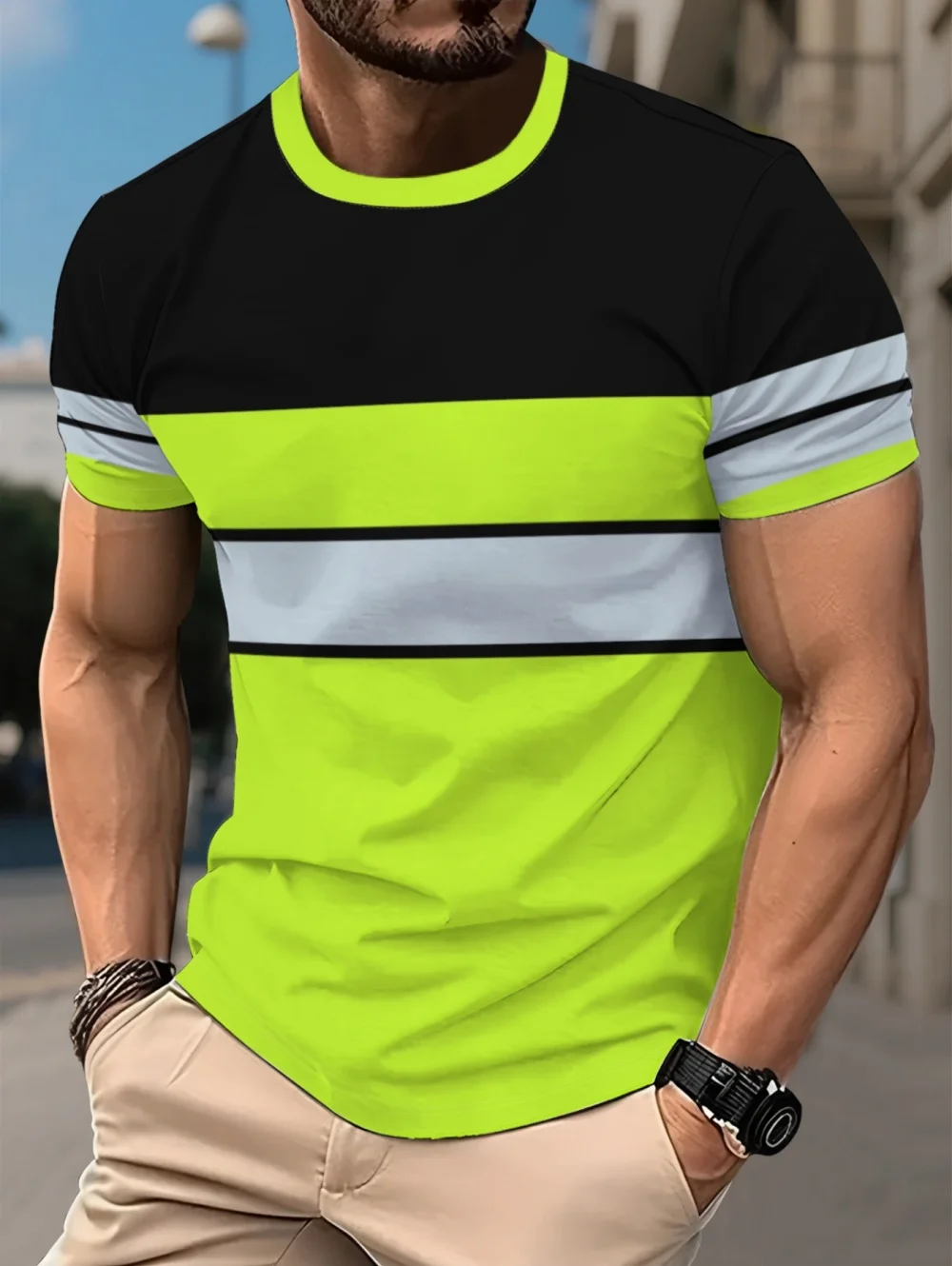 2026 Summer Men's 3D Printed Stripes T-Shirt Casual Round-neck Short-sleeved Shirt for Work Men's Casual Sportswear Streetwear