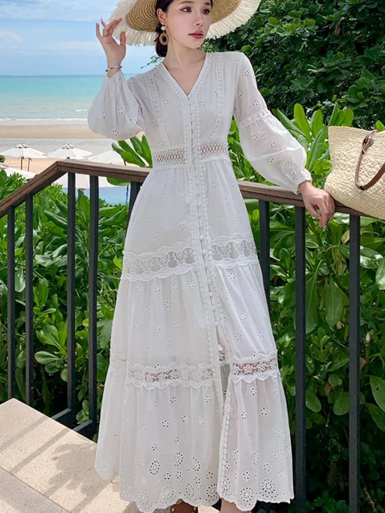 SMTHMA Summer 2025 Women Lace Embroidery Long Sleeve V-neck White Chiffon Beach Dress Lady mesh Patchwork Boho Dresses