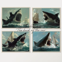 Shark VS Black Cat Oil Painting Poster Canvas Printing Vintage Meme Home Room Wall Decor Bar Aesthetic Decoration Wall Picture