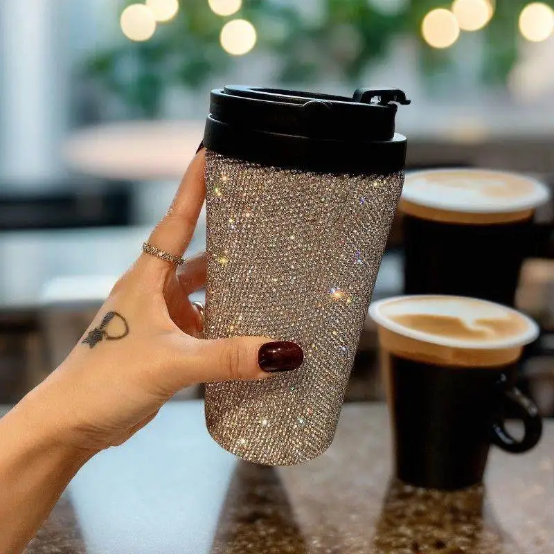 Bling Stainless Steel Insulated  Thermose Tumbler Coffee Cup Mug Portable Car Vacuum Flask Sparkling With Handle Beverage Water