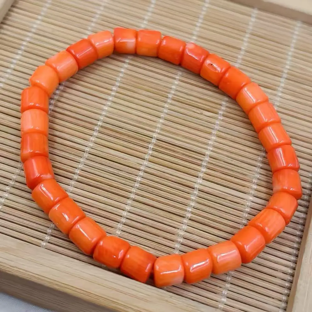 7X7mm 7-9inch Fashion Natural Genuine Sea Bamboo Orange Coral Gems Lucky Energy Jewelry Bracelet