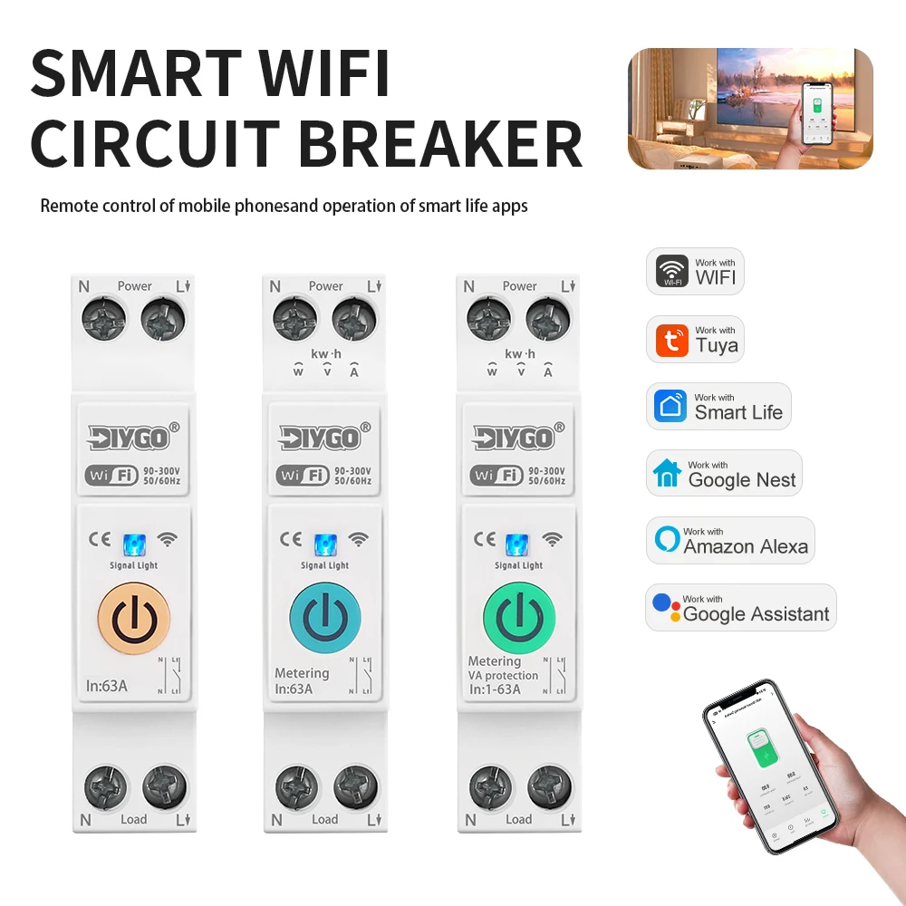 TUYA Smart APP Circuit Breaker WIFI 1P+N 63A DIN Rail Home Wireless Voice Remote Control Switch By Smart Life With Metering