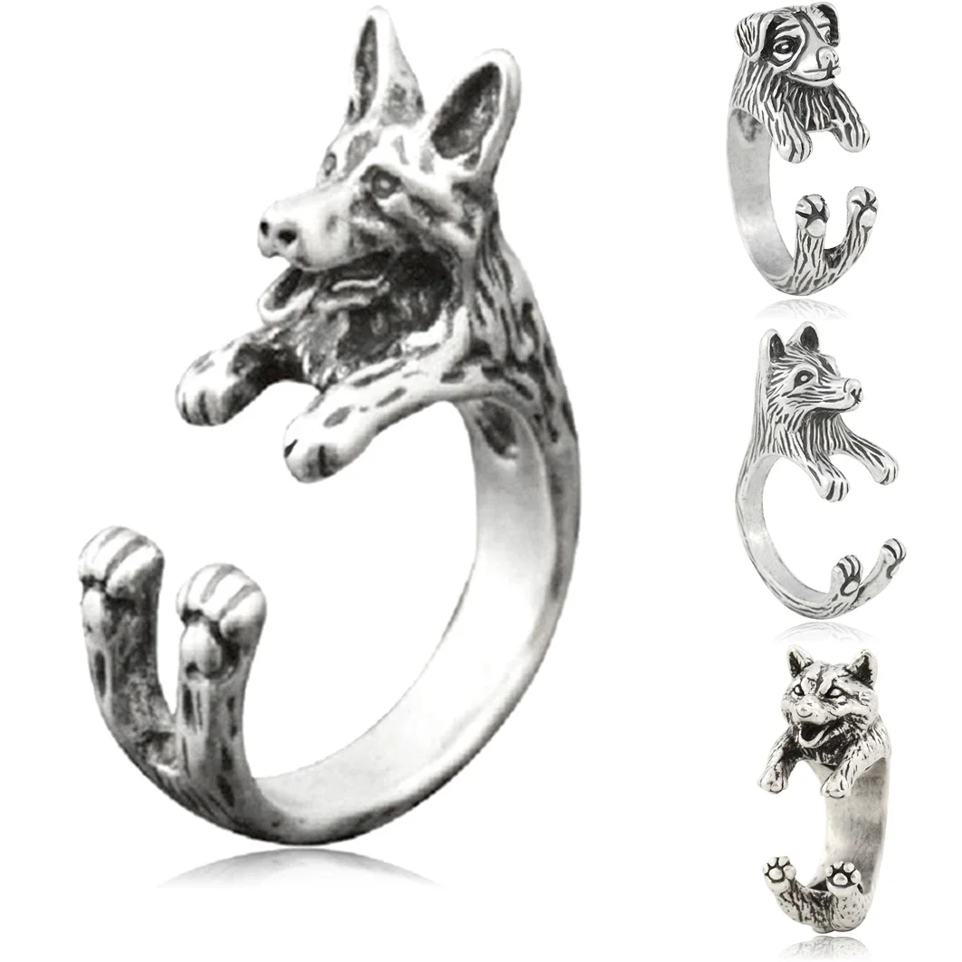 4 Style German Shepherd &Border Collie & Shiba Inu & Akita Dog Wrap Ring for Women Animal Metal Ring Anel Girls Unique Cool Gift