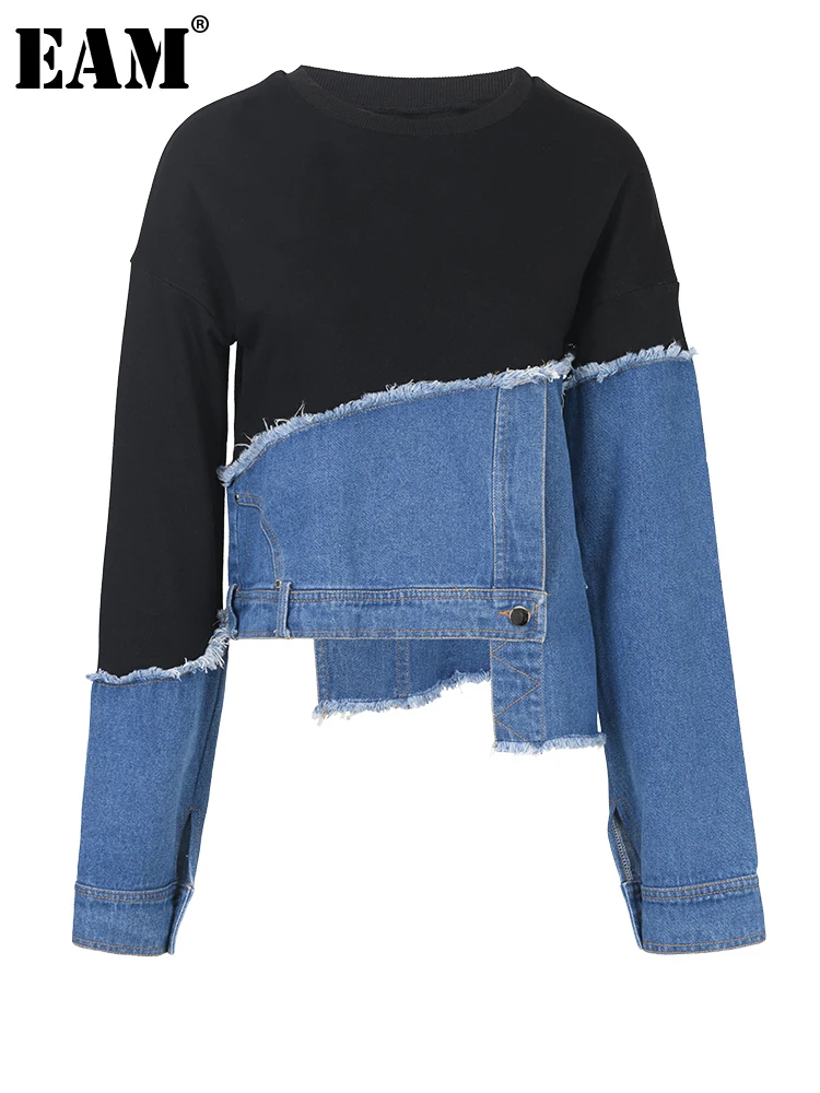 [EAM] Black Denim Irregular Burr Sweatshirt New Round Neck Long Sleeve Women Big Size Fashion Tide Spring Autumn 2024 1M87901