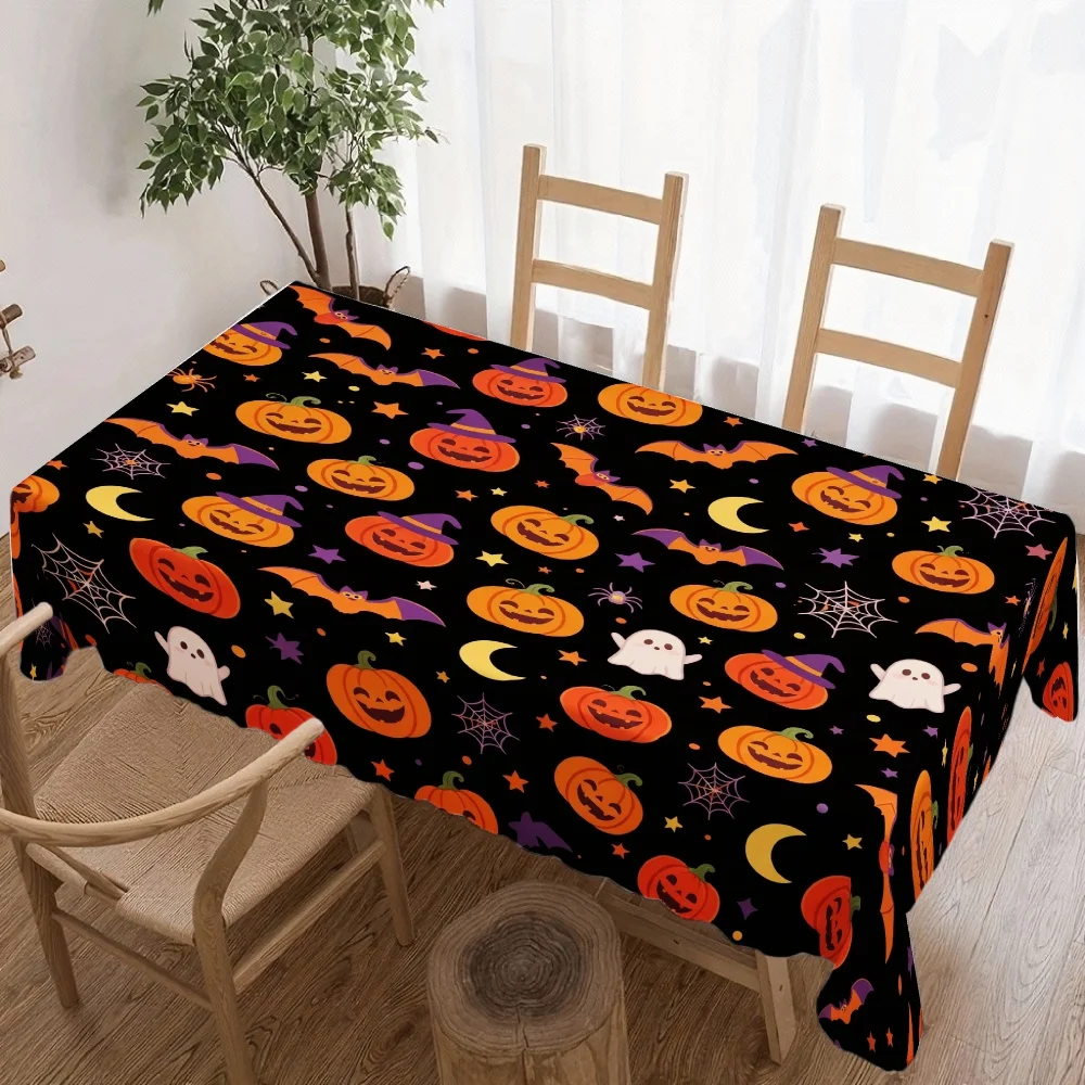 Halloween Rectangle Table Cloth Witch Hat Pumpkin Ghost Bat Spider Web Moon Tablecloth for Home Halloween Kitchen Dining Decor
