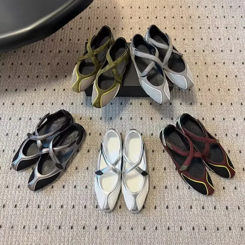 

Дизайнерские оригинальные балетки с перекрестными липучками и вырезами, женские сандалии Мэри Джейн из натуральной кожи с сетчатыми вставками, дышащие