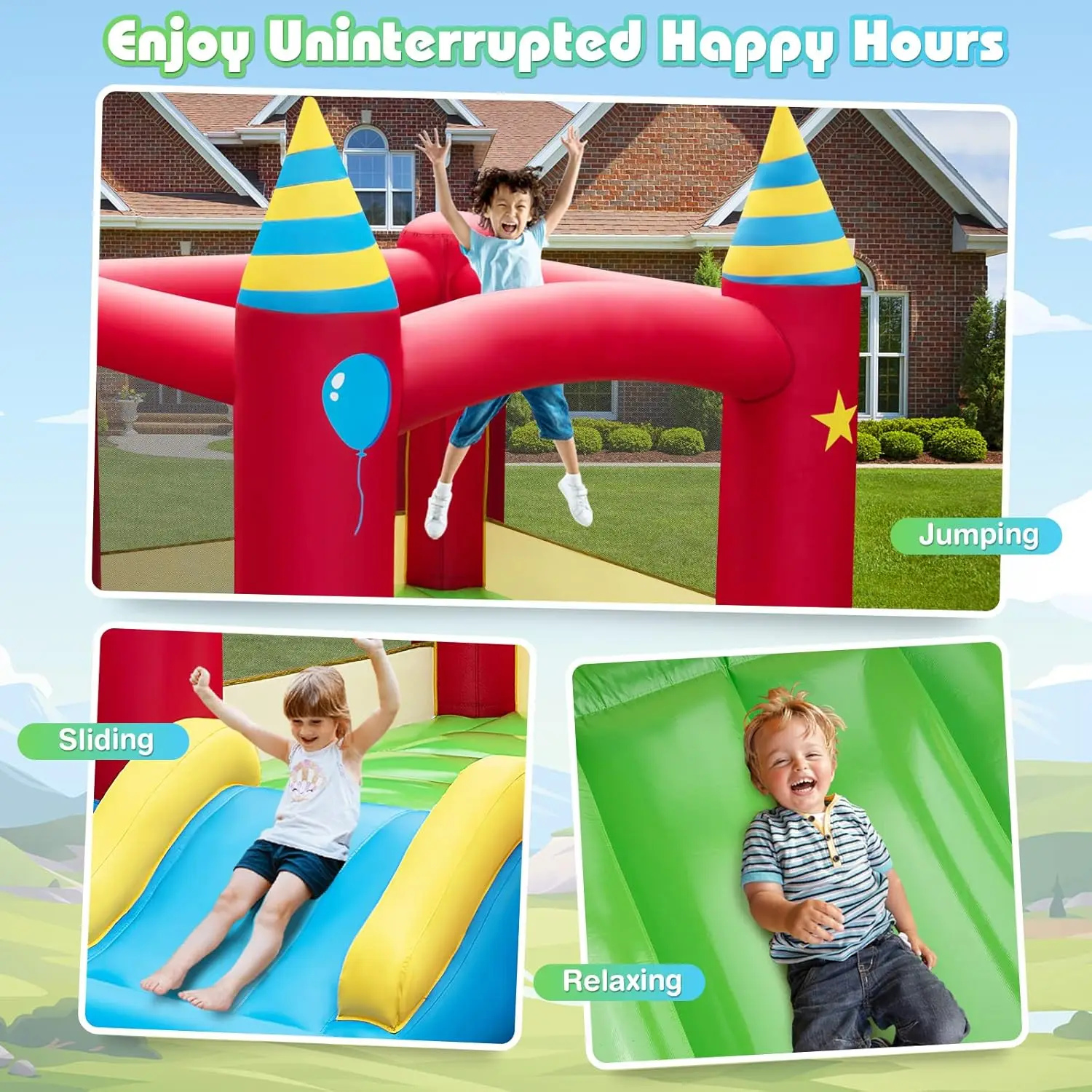 Inflatable Bounce House, Jumping Castle with Slide, Oxford Carrying Bag, Basketball Rim, Air Bouncer for Kids Indoor Outdoor Pla