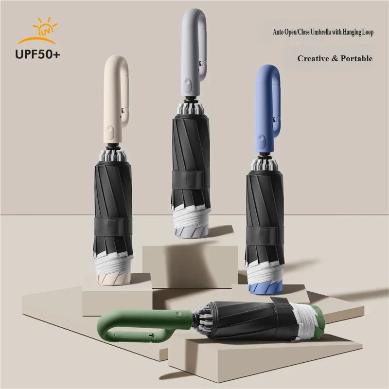 Paraguas Plegable Automático de 3 Pliegues con Anillo de Sujeción, Doble Uso para Días Soleados y Lluviosos, Gran Capacidad, Resistente al Viento, Doble Protección Solar