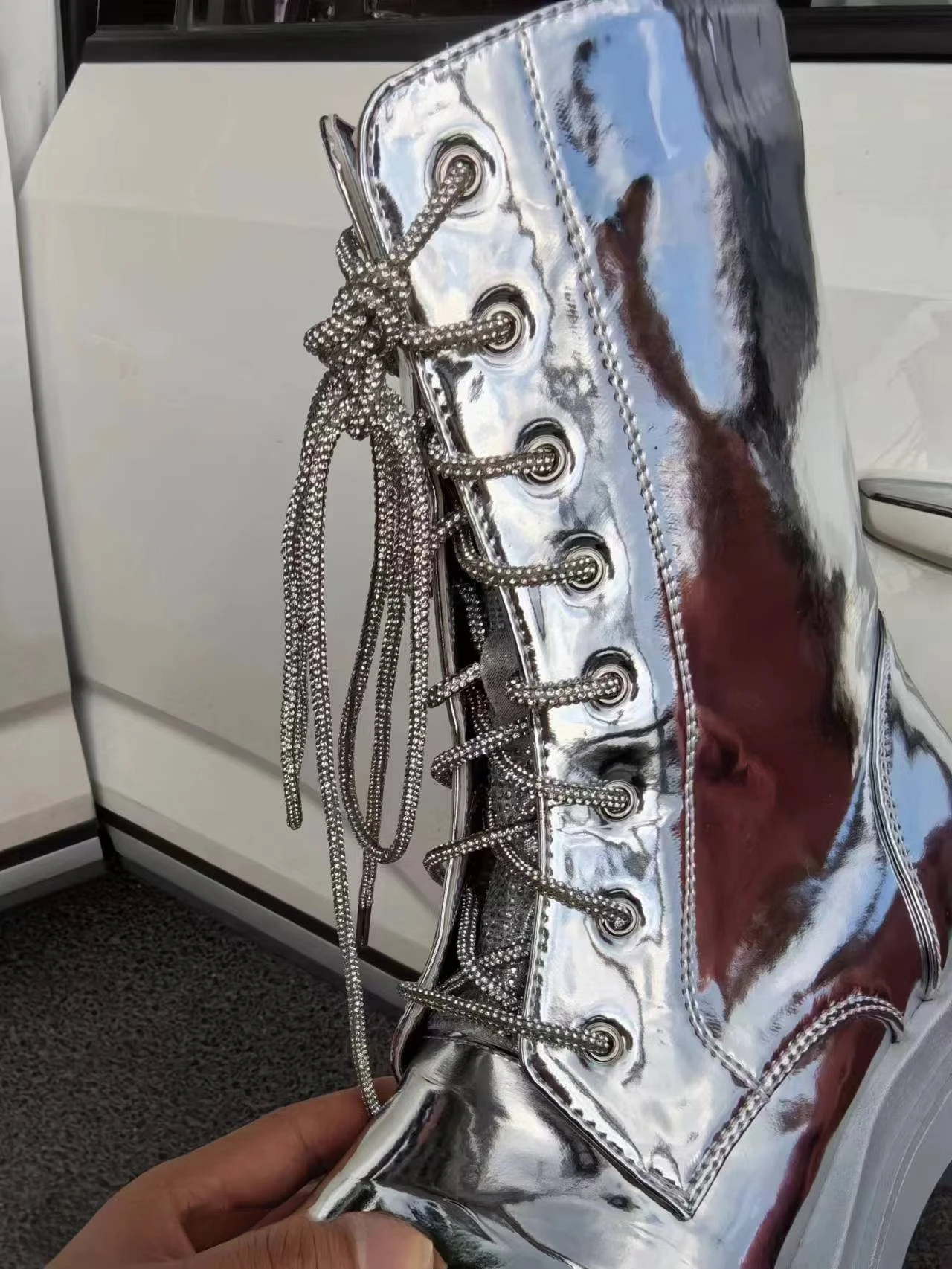 2026 Silver Belt Buckle Cross Strap Rhinestone Short Boots Casual Motorcycle Thick Sole Knight Boot Women Winter Silver Shoes