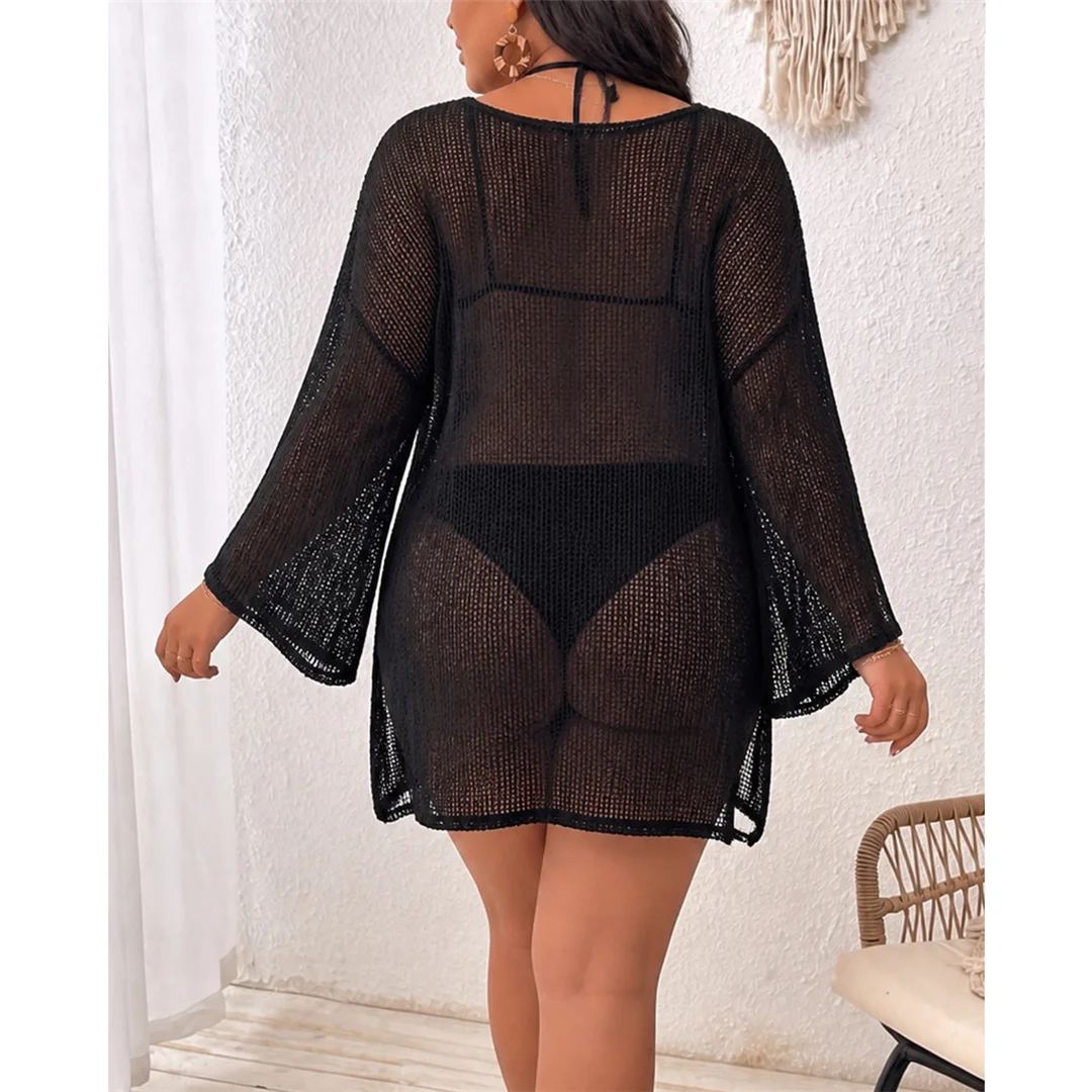 2026 Langarm-Stricktunika mit durchsichtigen Elementen, Strand-Cover-up, Strandkleid, Strandmode, Damen V8428 – Detail 5