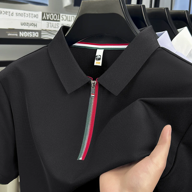 Men's Zip Polo Shirt Nylon Spandex Breathable Short Sleeve Slim Fit T-Shirt Stylish Colorblock Zipper Design