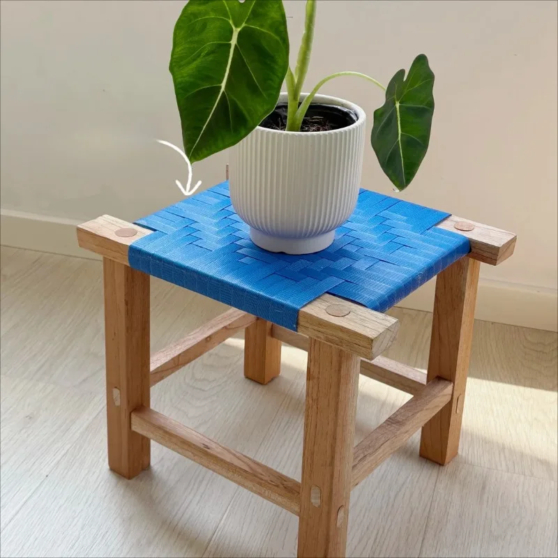 

Handmade Woven Stool Memphis Klein Blue Square Seat Colorful Mid-Century Accent Furniture Creative Home Decor Piece
