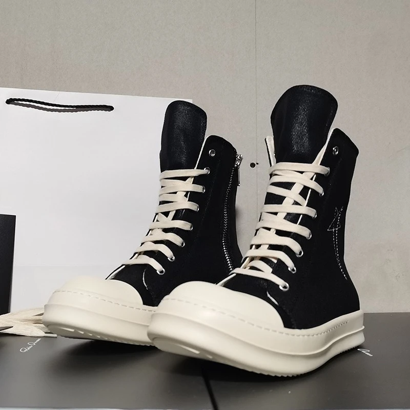 New Men Black Canvas Low Top Shoe Height Increasing Platform Ankle Boots Canvas Sneakers Round Head Vintage Women Casual Shoes