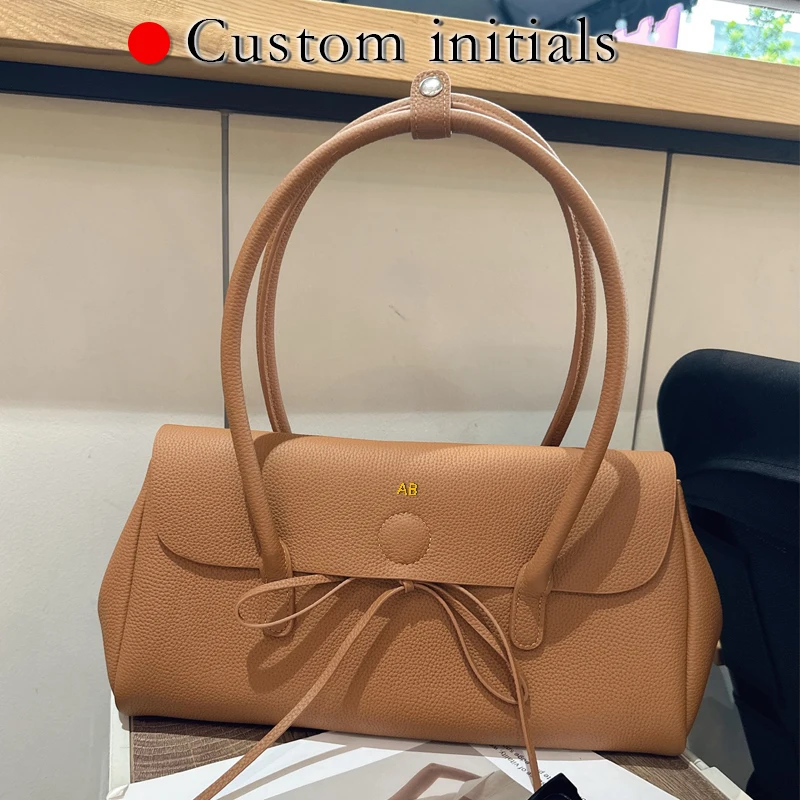 

Корейские сумки подмышки из натуральной кожи с инициалами для женщин, роскошные дизайнерские сумки, кошельки, новинка 2025 года, из воловьей кожи с бантом на плечо