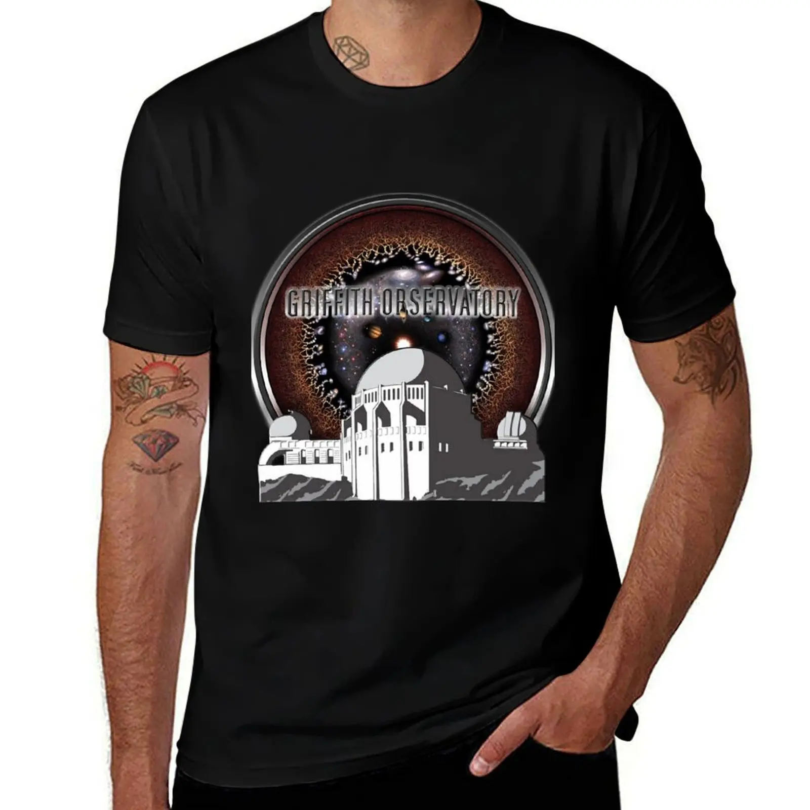 Griffith Observatory with the Universe! T-Shirt Work Short Sleeve Cotton Top T-Shirt
