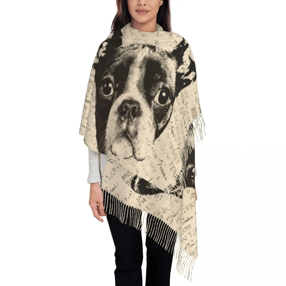 

Female Large Boston Terrier Dog Scarves Women Winter Fall Thick Warm Tassel Shawl Wraps Pet Art Puppy Scarf