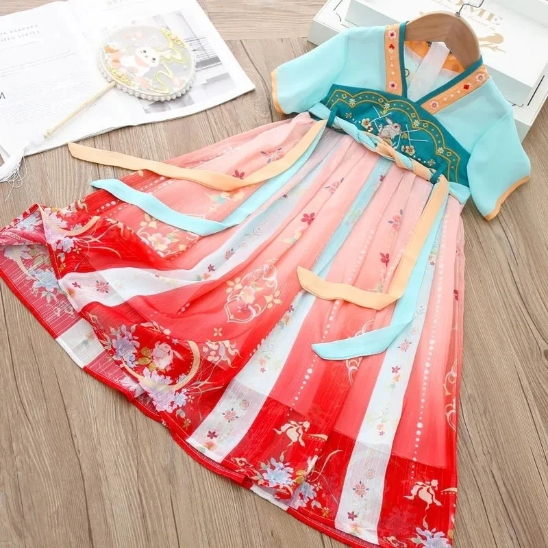 Hanfu Teenage Girls Dress Summer New Chinese Jade Rabbit Embroidery Chiffon Girls Hanfu Dress Children\'s Baby Vintage Dress