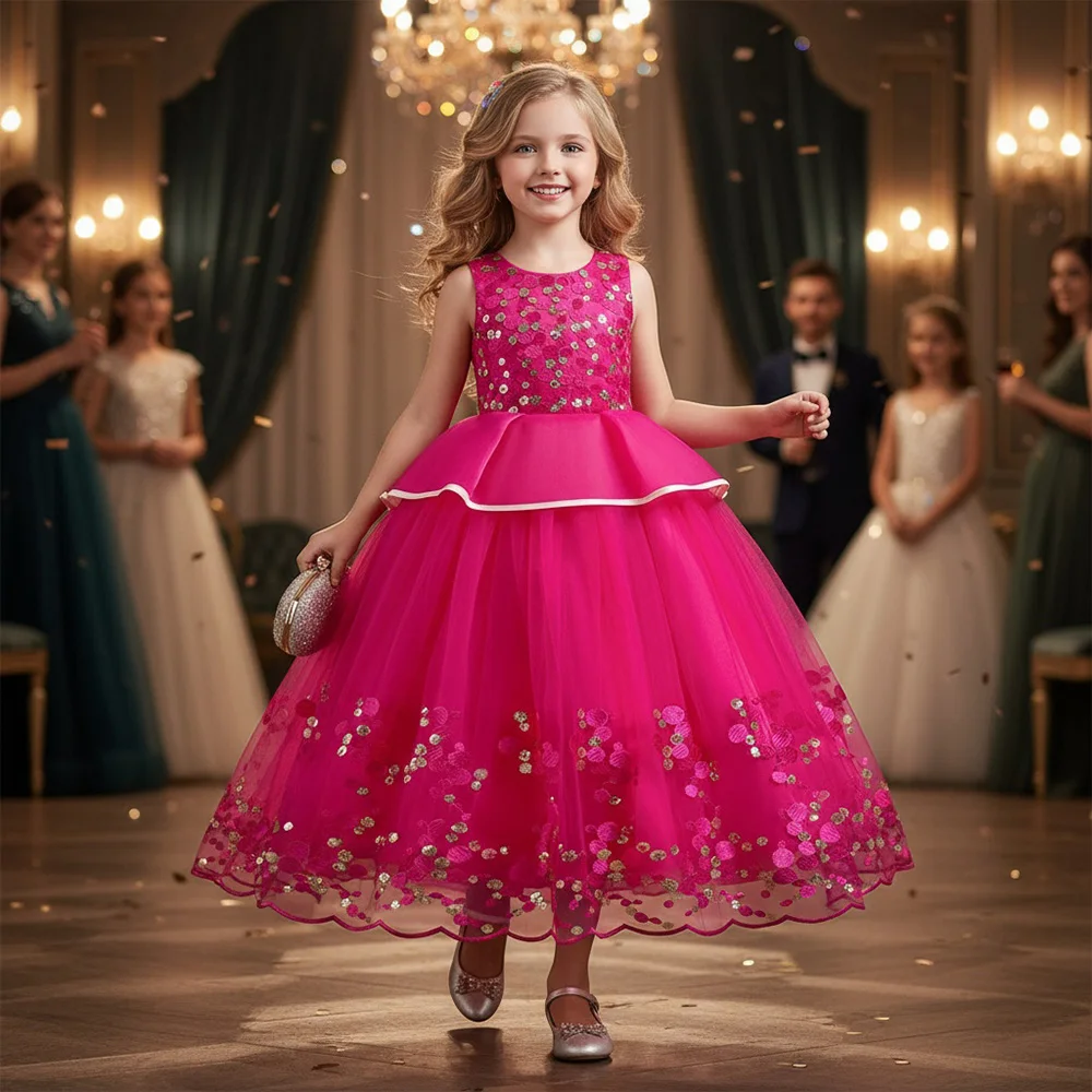 

Бальное платье принцессы для девочек, платье для дня рождения, фатиновое свадебное праздничное платье для девочек, платье без рукавов с круглым вырезом, детская мода для девочек