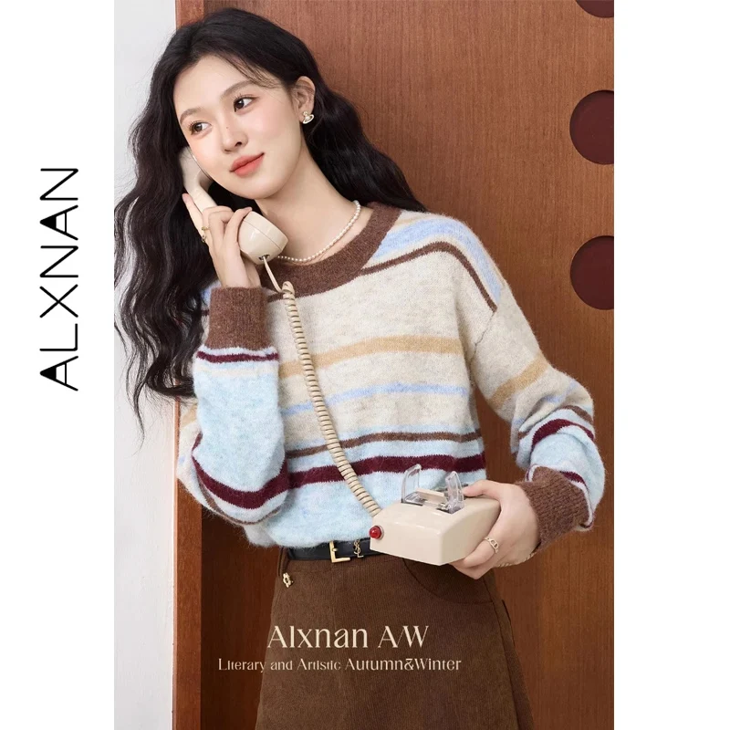 ALXNAN سترات نسائية مخططة برقبة دائرية بلوفرات محبوكة فضفاضة لخريف 2025 ملابس تريكو حلوة غير رسمية متعددة الاستخدامات L51527