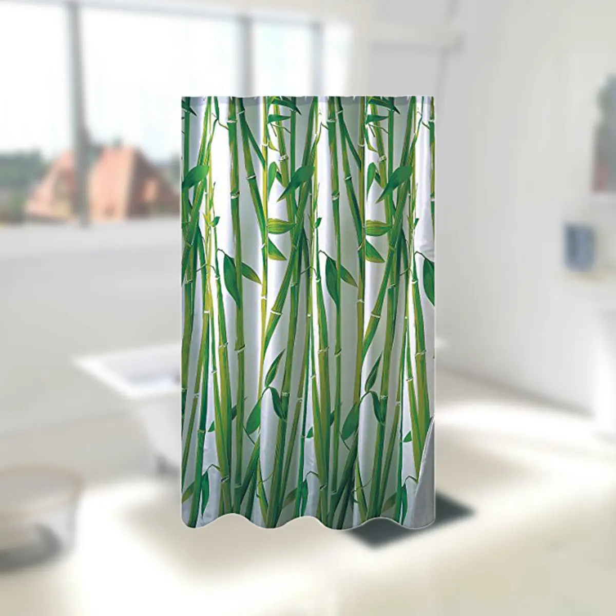 

Waterproof Bamboo Leaf Shower Curtain 180x180cm Polyester Bathing Curtain Washable Decorative Landscape Print for Bathroom