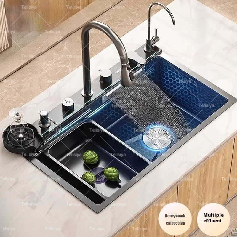 Stainless Steel Waterfall Kitchen Sink Embossed Digital Display Large Single Bowl Multifunctional Wash Basin