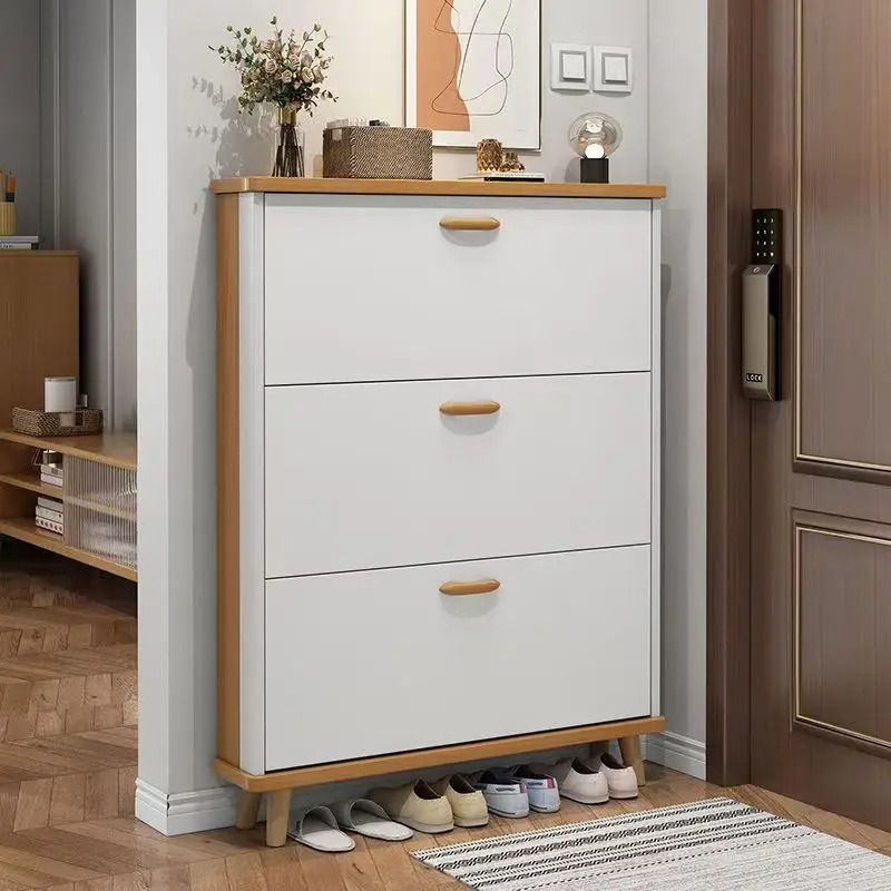 Modern 6-Tier Ultra-Thin Shoe Rack Cabinet with Large MDF Flip Drawers Tipping Buchet Wooden Storage Foldable Door in White