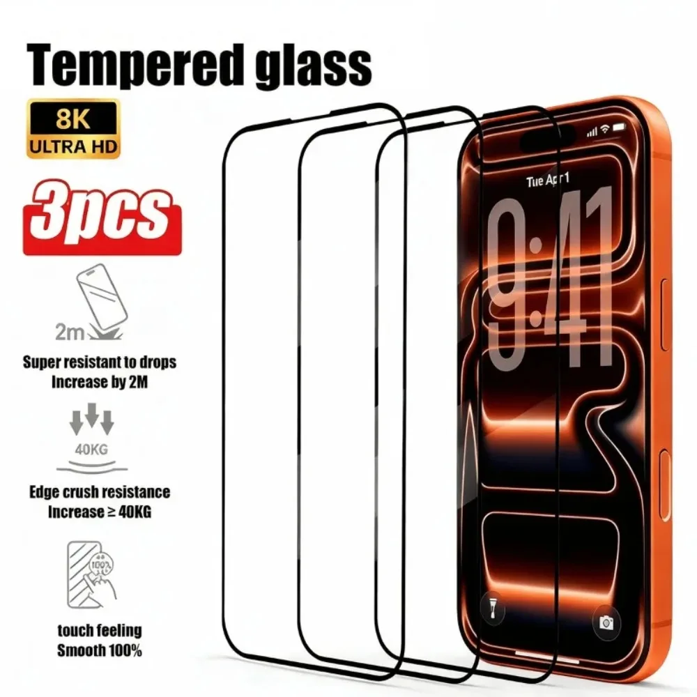 

3 шт., закаленное стекло с полным покрытием для iPhone 17 16 15 14 Pro Max Air 16 15 14 Plus 13 12 11 Pro XR XS Max Ultra HD Защитная пленка для экрана