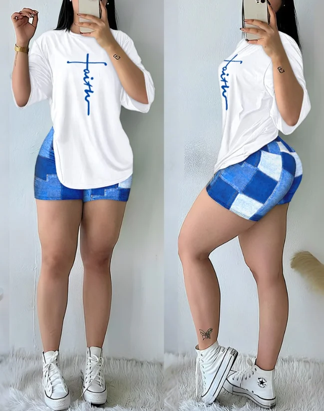 

Women's Two-Piece Set Fashion Summer 2 Pieces Outfit Faith Print Round Neck Short Sleeve Top and Denim Look Print Shorts Set