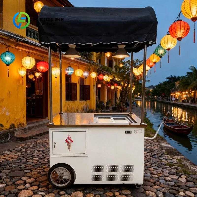 Customized White Solar-Powered Ice Cream Cart, Black Canopy Mobile Popsicle Food Cart with Display Freezer for Street Vending