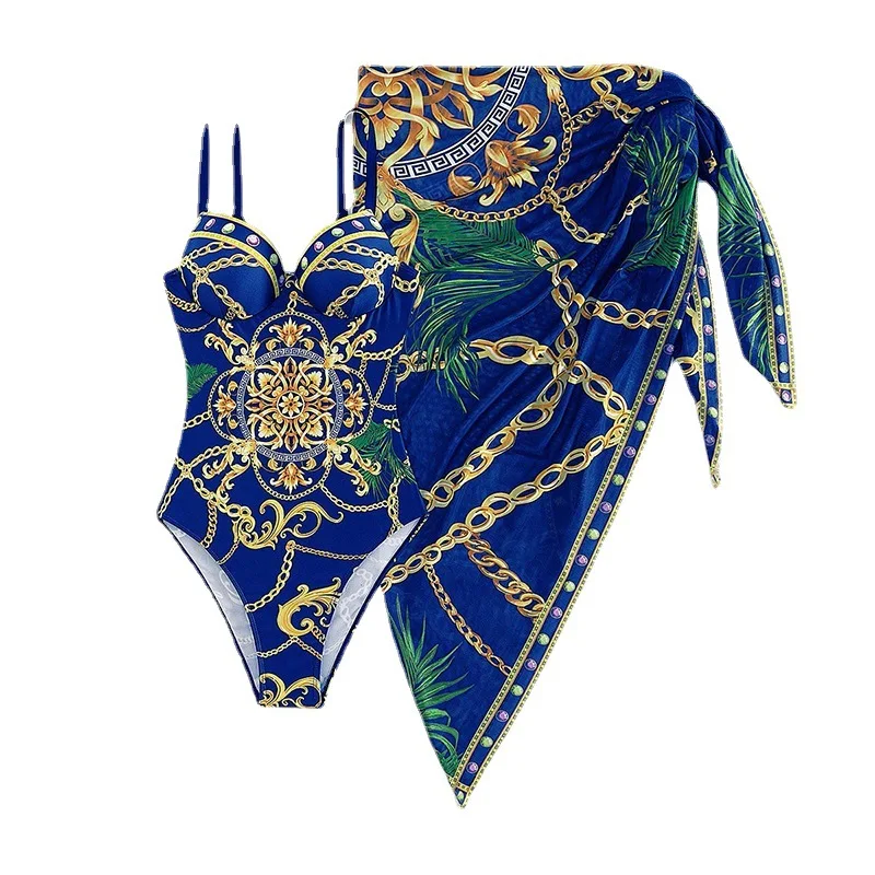 2023 European and American New One-piece Swimsuit Women's Sexy Back Printed Bikini Blouse Two-piece Bikini