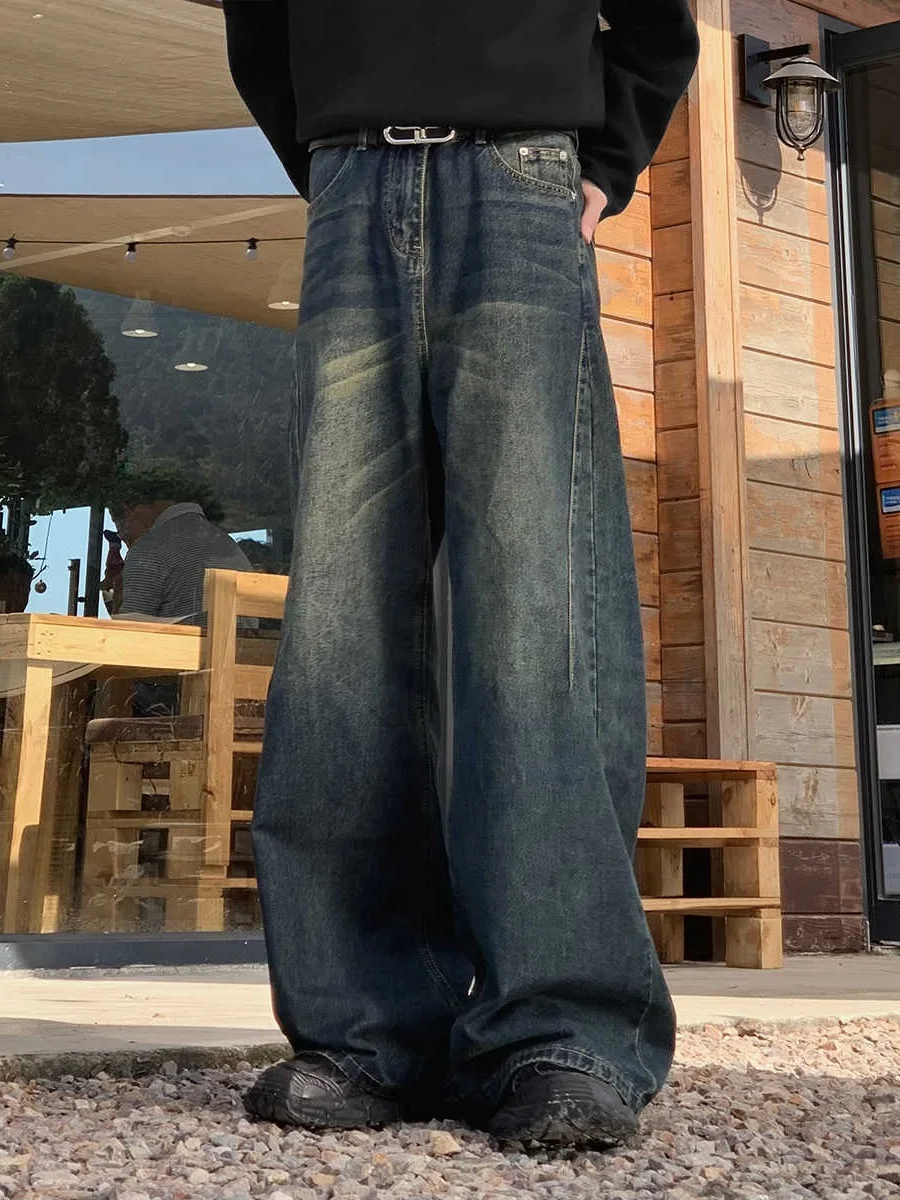 

Retro American Waed Jeans Patchwork Loose Wide Leg Casual Floor-Length Pants Straight Cut Youthful Spring Autumn Wear