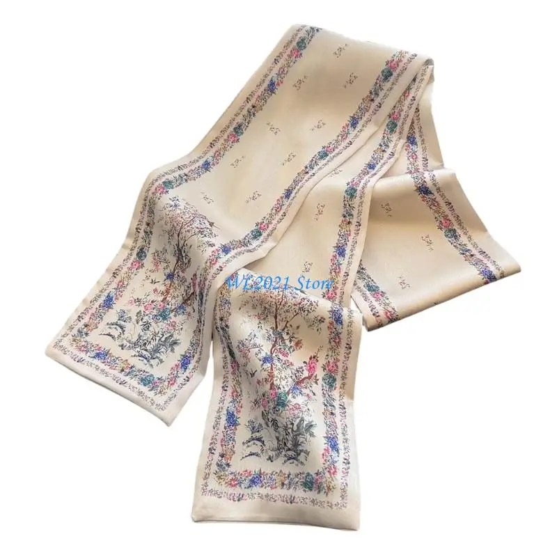 

G5GC 145cm Flower Print Silk Scarf Adjustable Headwear Fashion Neck Tie for Women