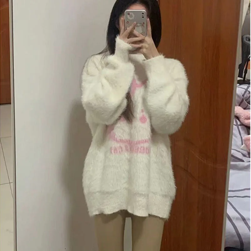 日本のハローキティセーターアニメサンリオかわいい長袖女の子トップスルーズOネックニットセーター秋冬ニットウェア