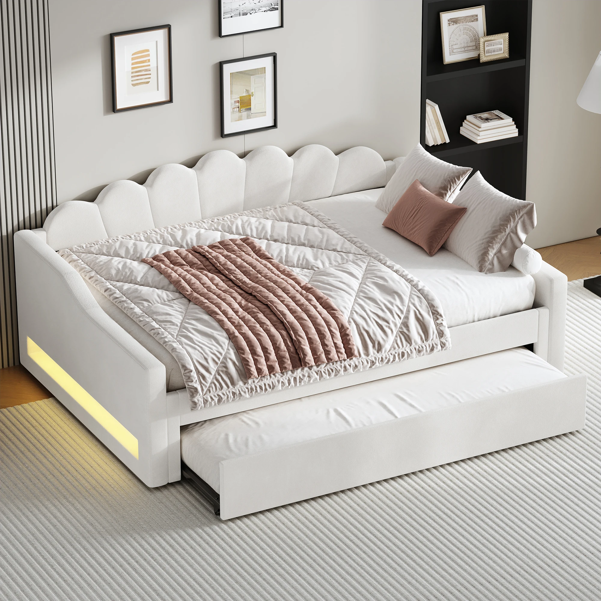 Lit gigogne 140x200 cm - Lit simple avec lit d'appoint extensible - MDF et lin - Sans matelas - Beige
