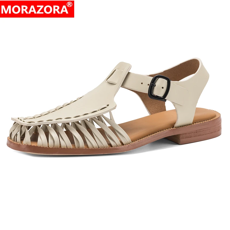 

MORAZORA Size 34-43 New Genuine Leather Sandals Women Shoes Buckle Chunky Low Heels Summer Sandals Ladies Office Dress Shoes