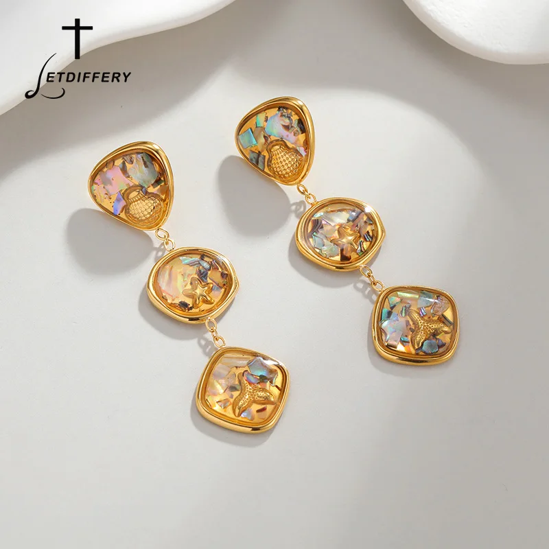 Letdiffery Abalone Shell Dangle Earrings for Women Stainless Steel Starfish Conch Geometric Drop Studs Bohemian Beach Jewelry