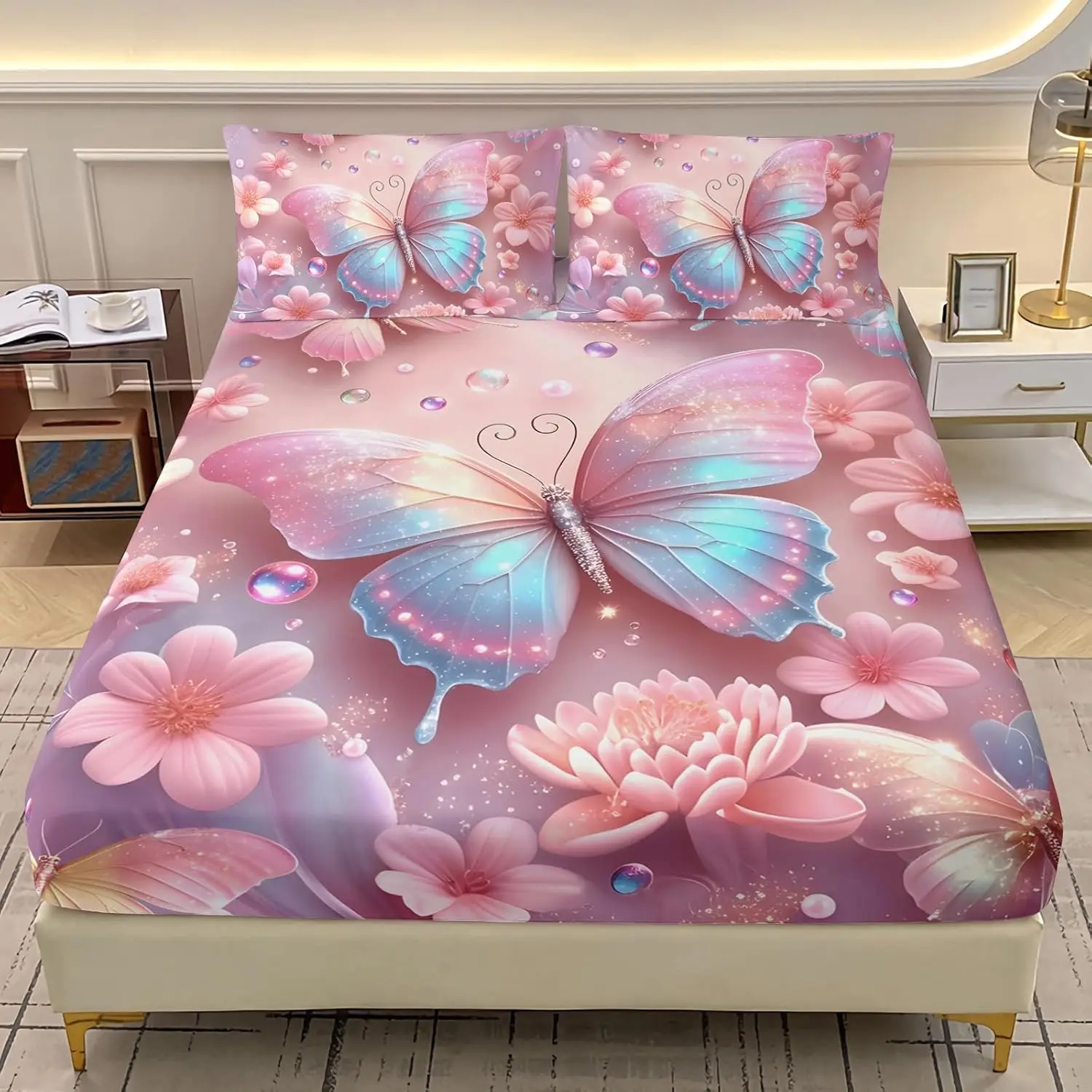 Flying Butterfly Fitted Sheet Twin Queen Size Colorful Butterflies Bedding Set Butterfly Pattern Bed Sheet Set for Boys Girls