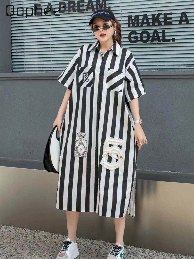 

Summer New Vertical Striped Single-Breasted Short Sleeve Shirt Women 2024 Spring and Summer Mid-Length Casual Loose Shirt Dress