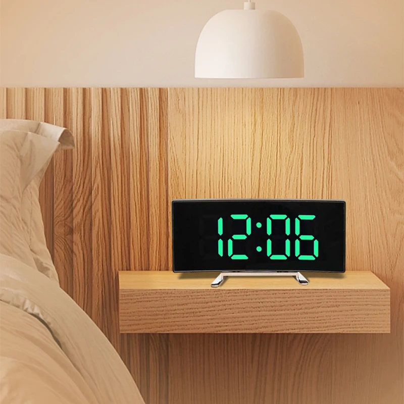 LED Alarm Clock Digital Curved Screen Mirror Silent Electronic Clock Bedroom Desktop Large Screen Home Decor Supplies