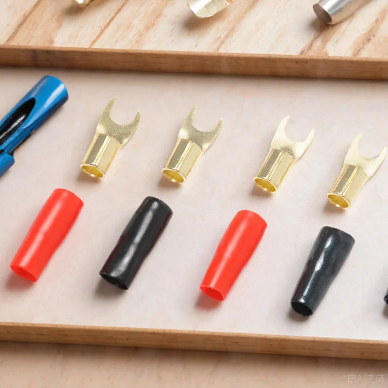 

5Pairs Crimp Terminals Gold Plated Copper 8 Gauge Fork Spade Connectors Red Black Audio Speaker Wire Cable Connectors