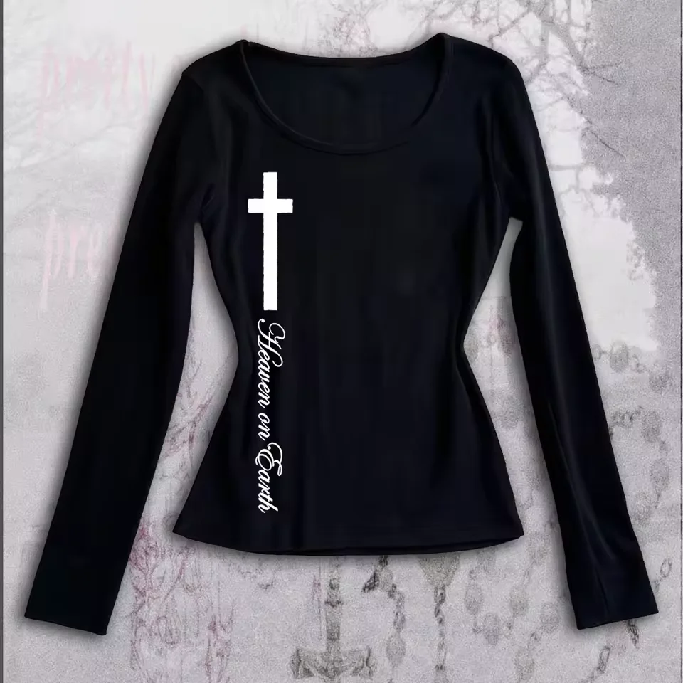 Y2k Vintage Women's T-shirt Black Trash monogram print Letter Pattern Long sleeve T-shirt Harajuku Aesthetic Street American emo