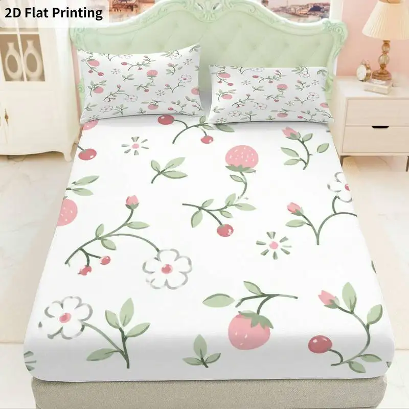 3Pcs Pastelfloralberryblossom Fitted Sheet Three Piece Set (1*Fitted Sheet + 2*Pillowcases, Coreless), Bedding Set