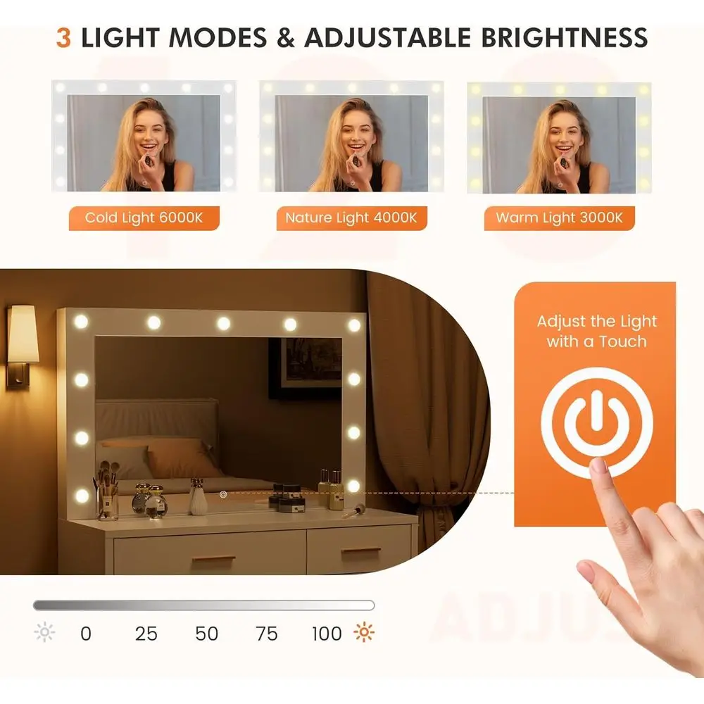 LED-verlicht make-up-ijdelheidsbureau met opbergruimte, instelbare helderheid, 3 verlichtingsmodi, witte kaptafel voor dames- en meisjesbed