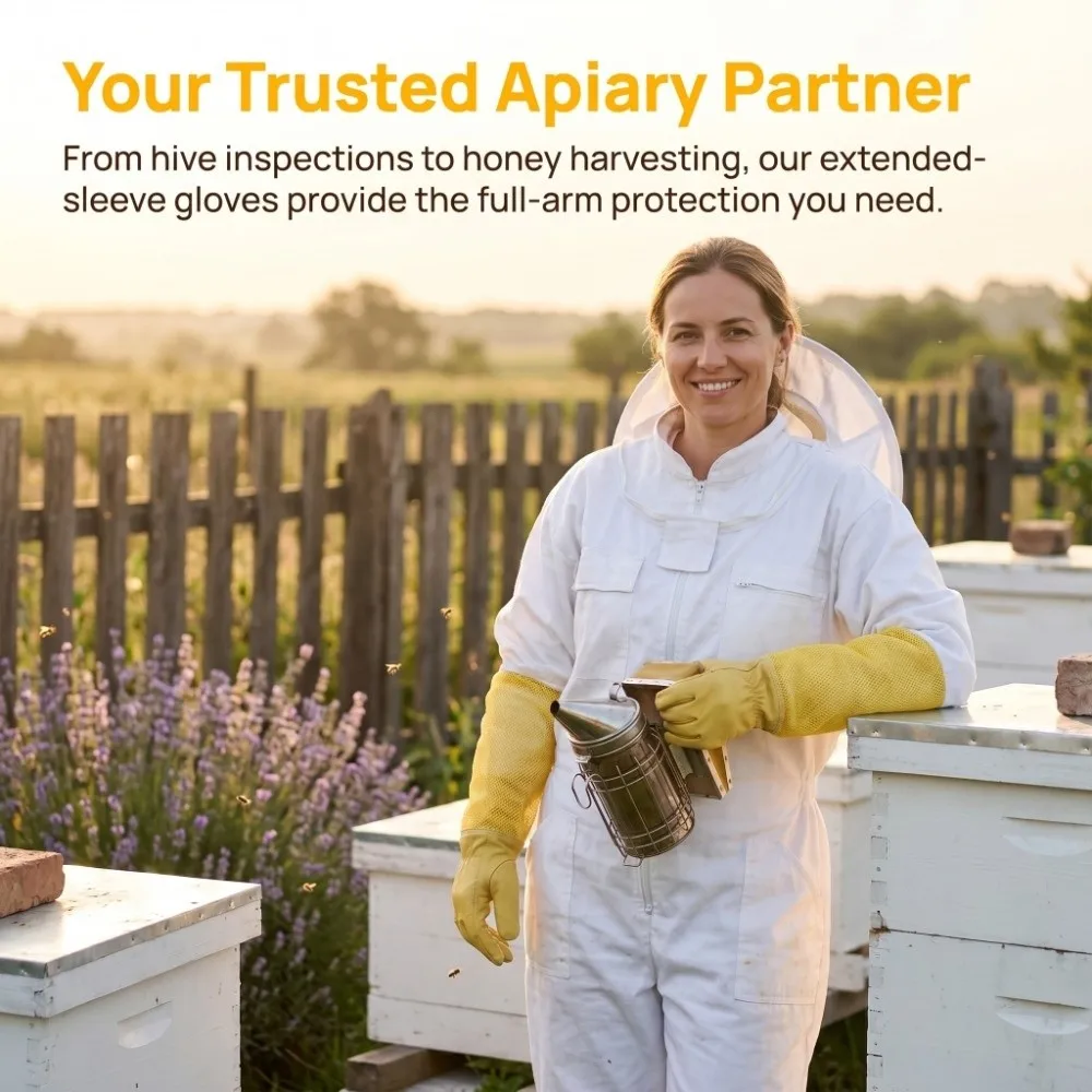 1 Pair Mesh Sleeve Beekeeping Protective Gloves Leather Palm Yellow Beekeepers Gloves Long Mesh Sleeve Gloves