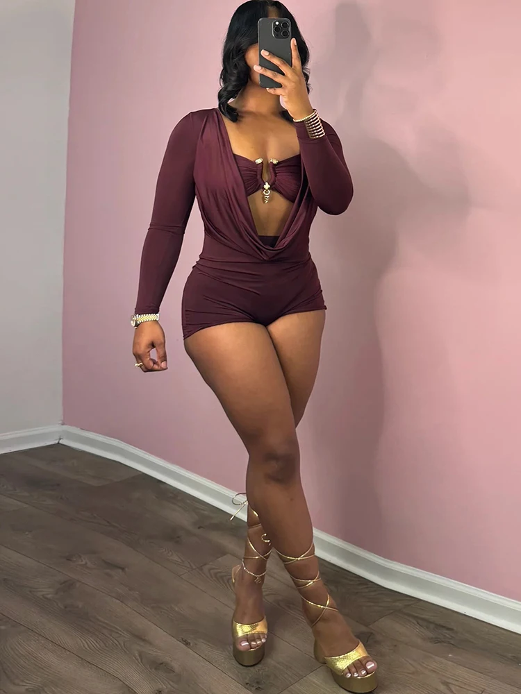 Sisterlinda Playsuits mit schwingendem Ausschnitt für Damen, einfarbig, mit Metalleinsatz, Ausschnitt, volle Ärmel, Stretch, sexy, schmal geschnitten, schick, trendige Clubwear – Detail 19
