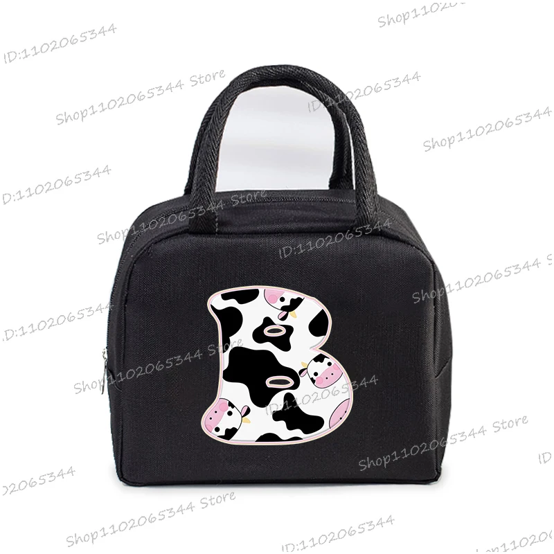 Cartoon Cow Alphabet Print Lunch Bags Women Kids Portable Picnic Drink Thermal Bag Student Surname Letter Food Lunch Handbags