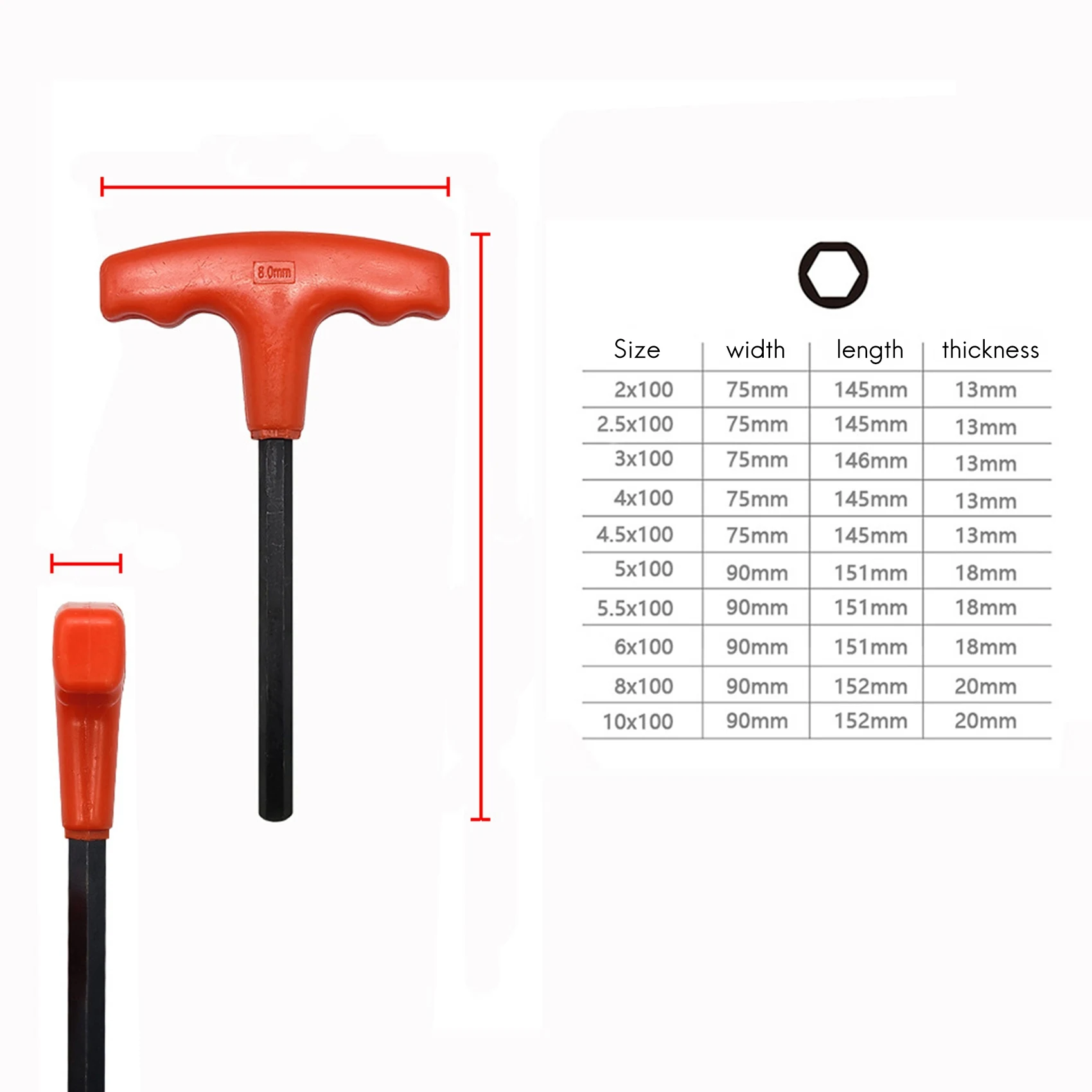 Conjunto de 10 peças H2-H10 chave sextavada vermelha métrica plana em forma de T com estrutura de ferro